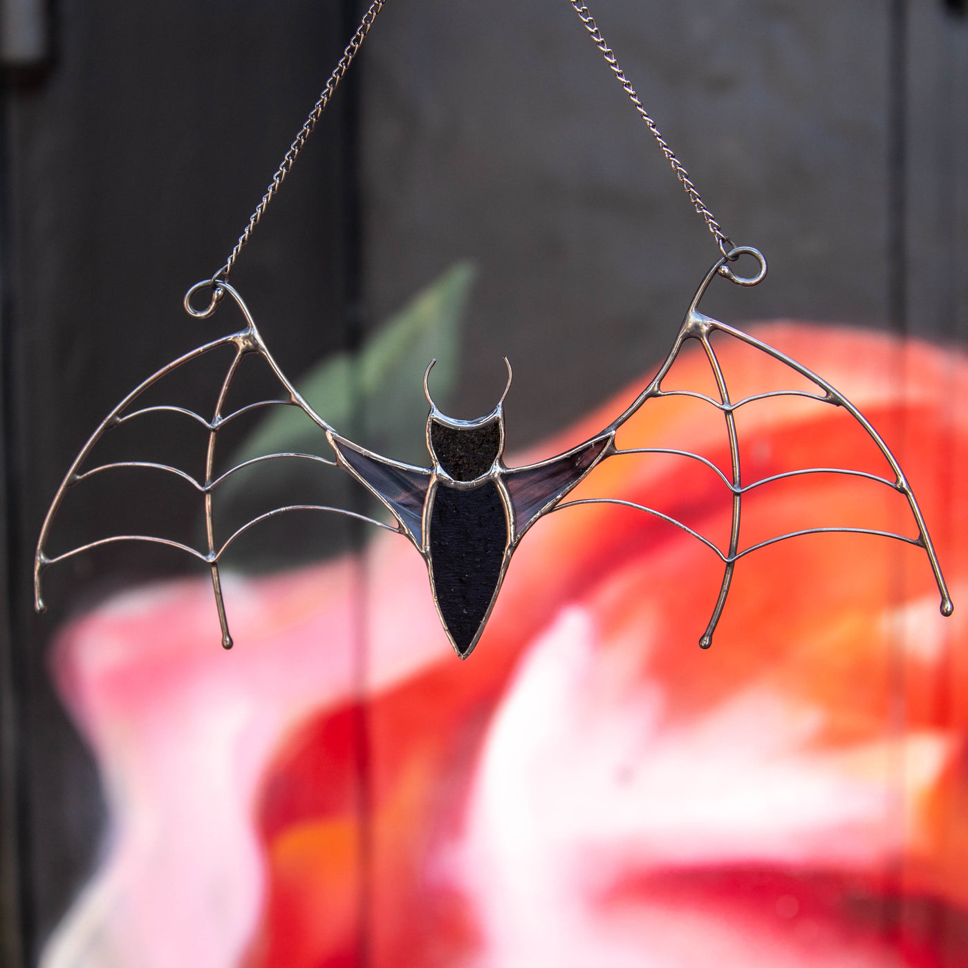 Stained glass black bat window hanging for Halloween decor