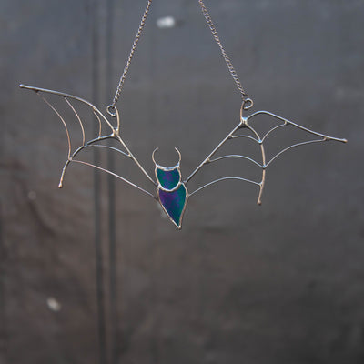 Halloween stained glass bat with iridescent body window hanging
