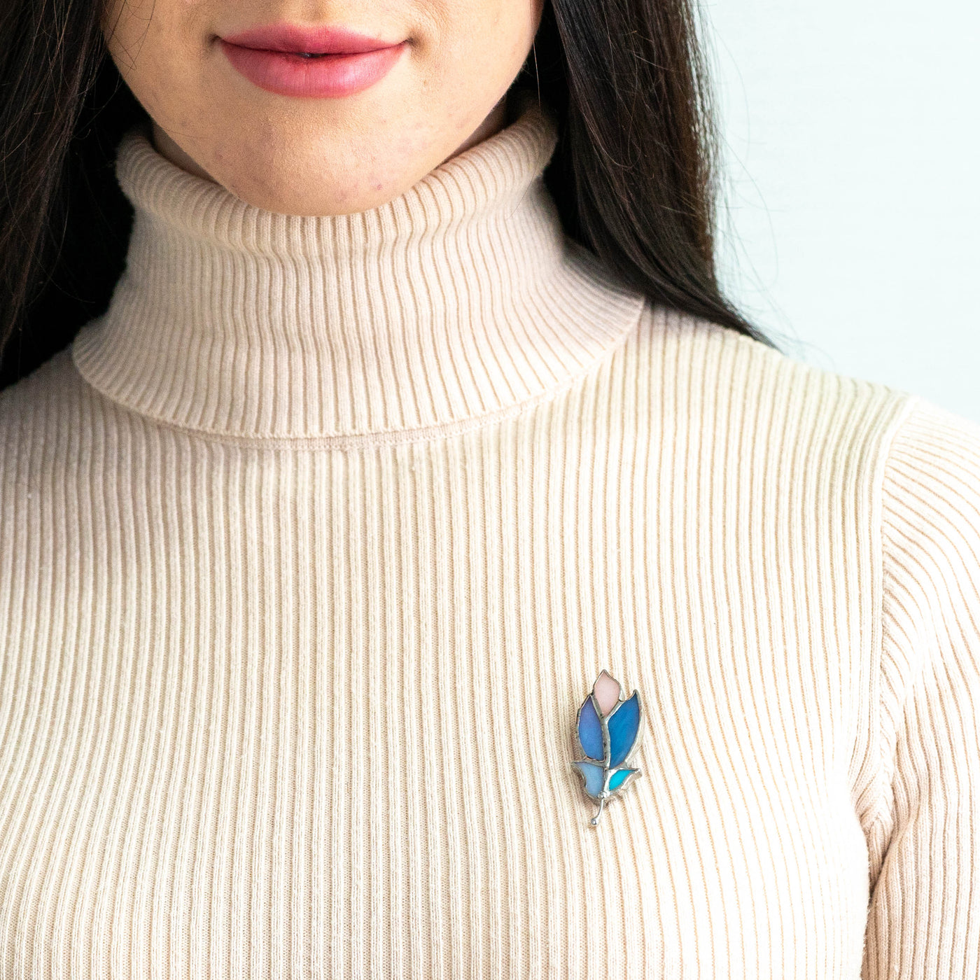 Blue stained glass feather brooch pin 