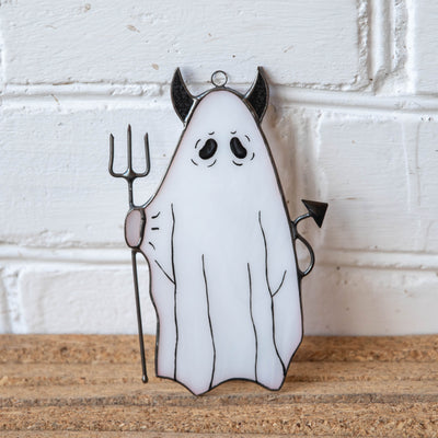 Halloween ghost with pitchfork suncatcher of stained glass