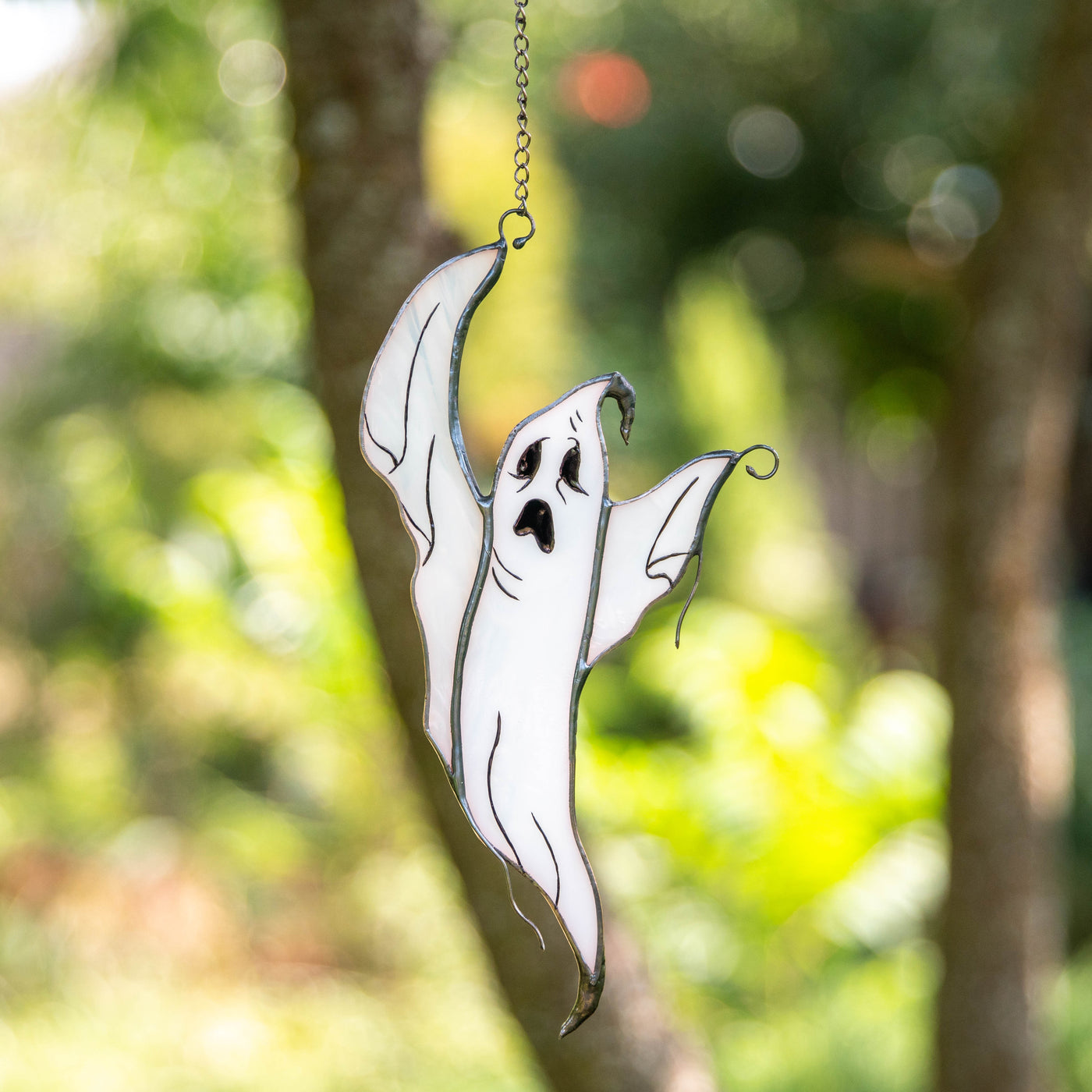 Stained glass flying ghost window hanging for Halloween decorations