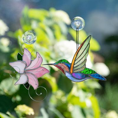 Stained glass lily and hummingbird window hangings