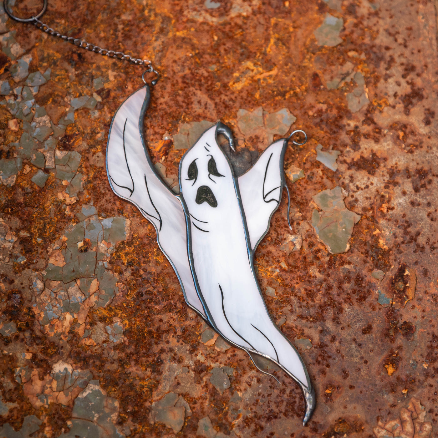 Creepy stained glass flying ghost window hanging 