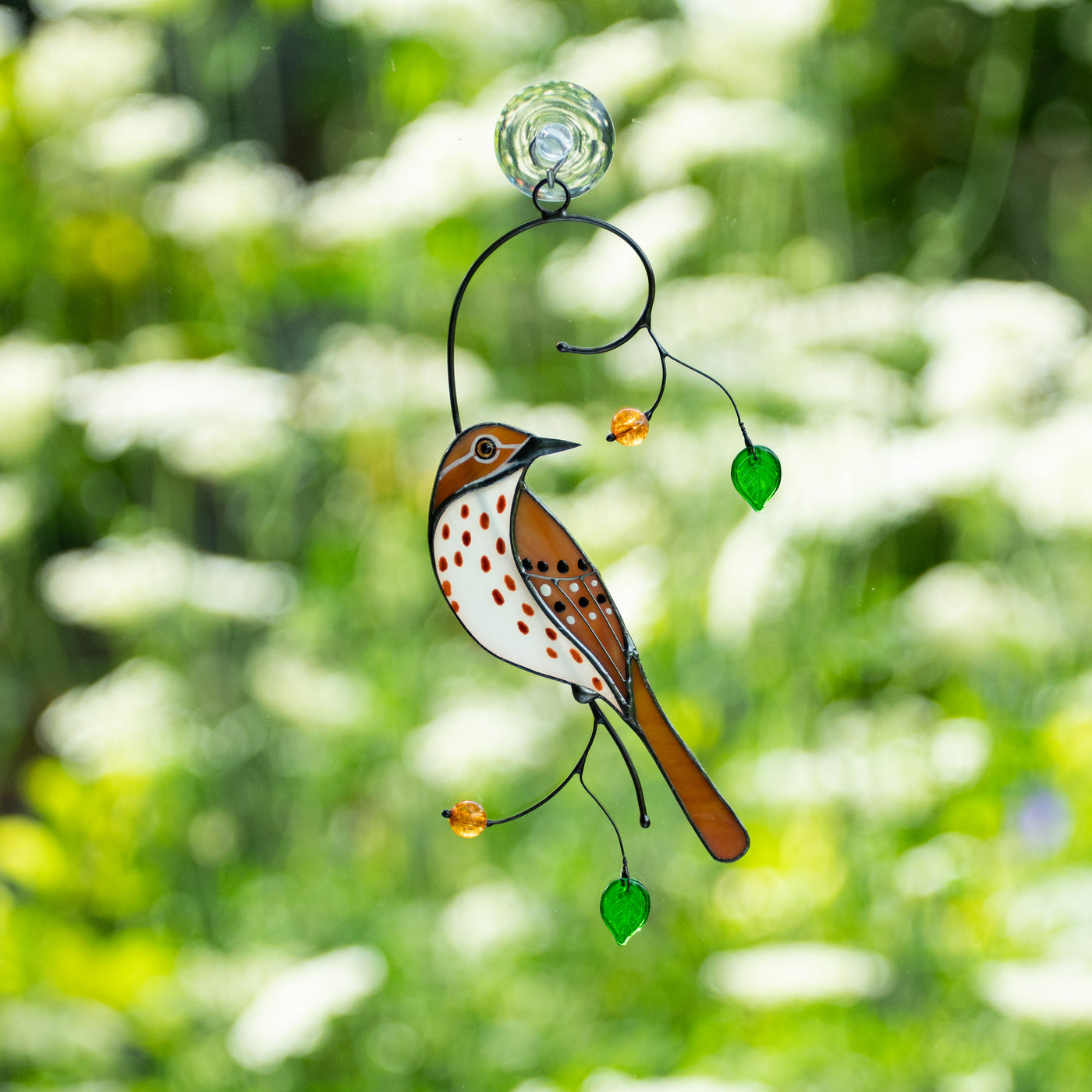 Stained glass brown thrasher suncatcher for window 