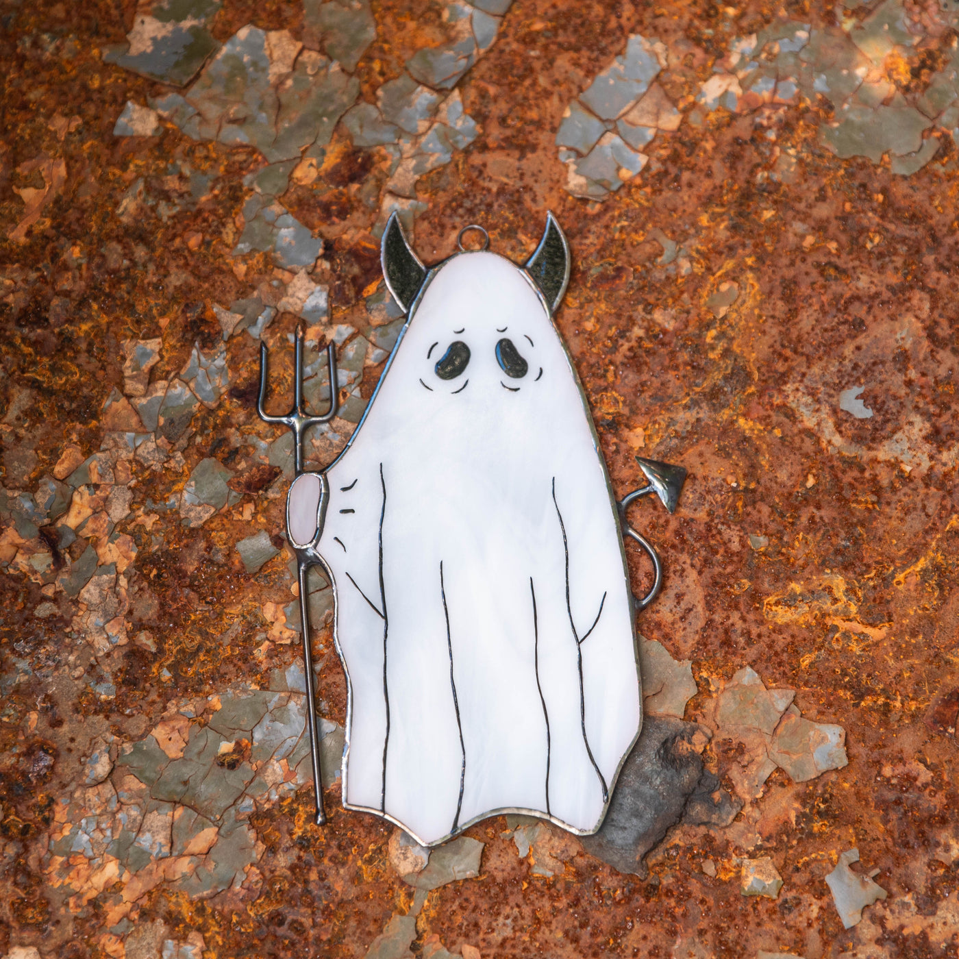 Stained glass ghost with pitchfork suncatcher for Halloween window decor
