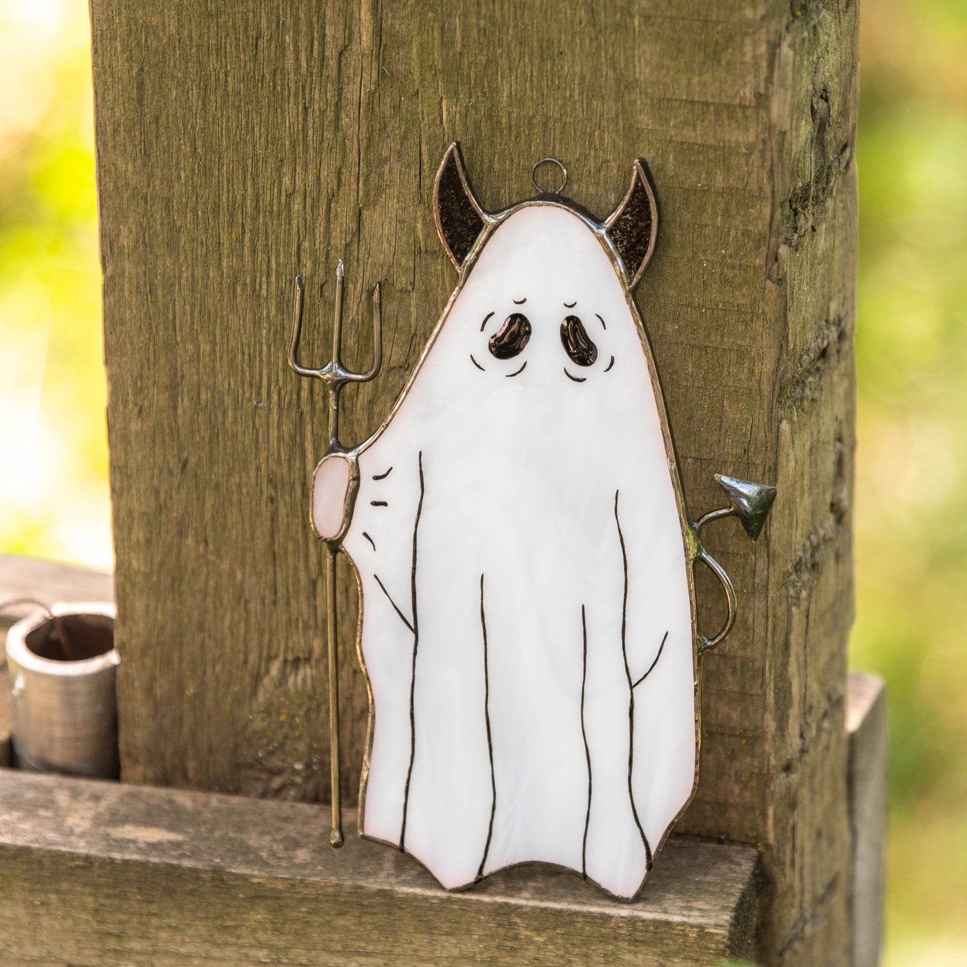 Creepy ghost with pitchfork suncatcher