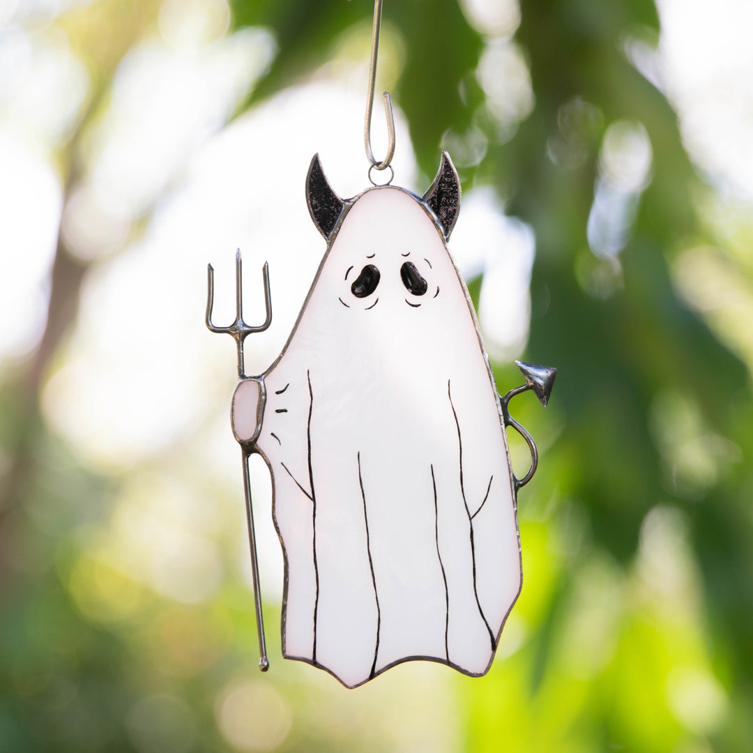 Ghost, stained store glass ghost and moon suncatcher, stain glass ghost, Halloween ghost decoration, fall decor, purple moon and tree suncatcher