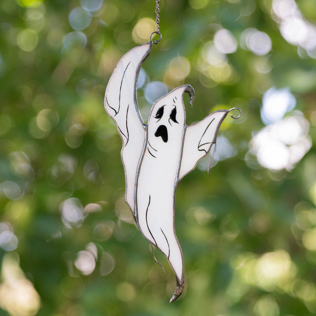 Ghost, stained glass ghost and moon suncatcher, offers stain glass ghost, Halloween ghost decoration, fall decor, purple moon and tree suncatcher