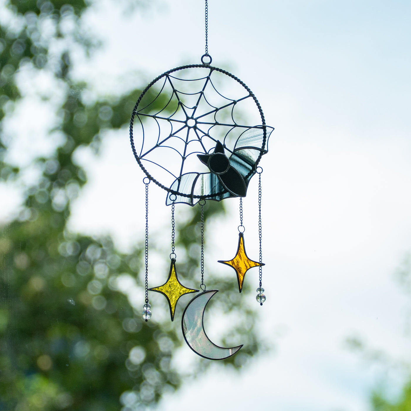 Stained glass black bat dreamcatcher with stars and semi-moon in lower part
