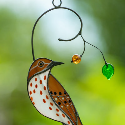 Zoomed stained glass brown thrasher suncatcher