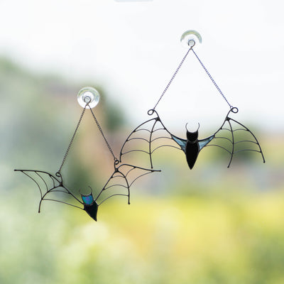 Set of two stained glass bats window hangings