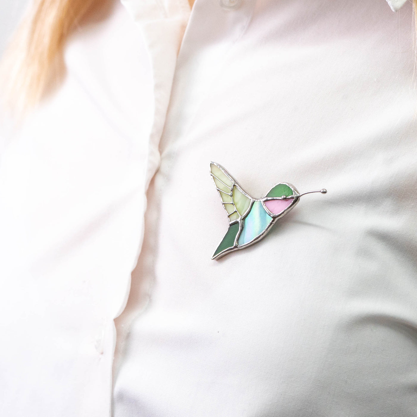 Stained glass green hummingbird pin 