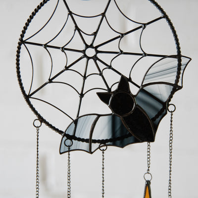Zoomed Halloween stained glass bat dreamcatcher