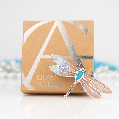 Stained glass dragonfly pin and a brand box