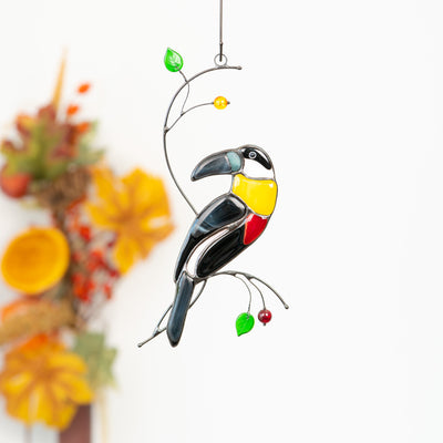 Bright stained glass toucan with yellow neck suncatcher