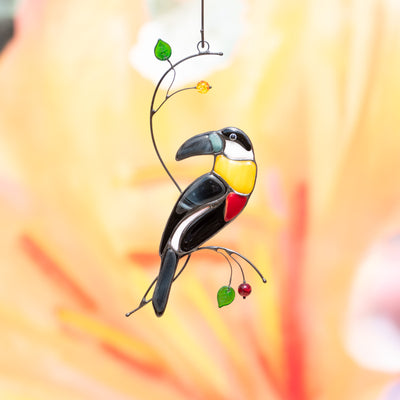 Fusing stained glass toucan with yellow neck window hanging 