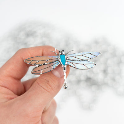 Zoomed stained glass blue dragonfly brooch