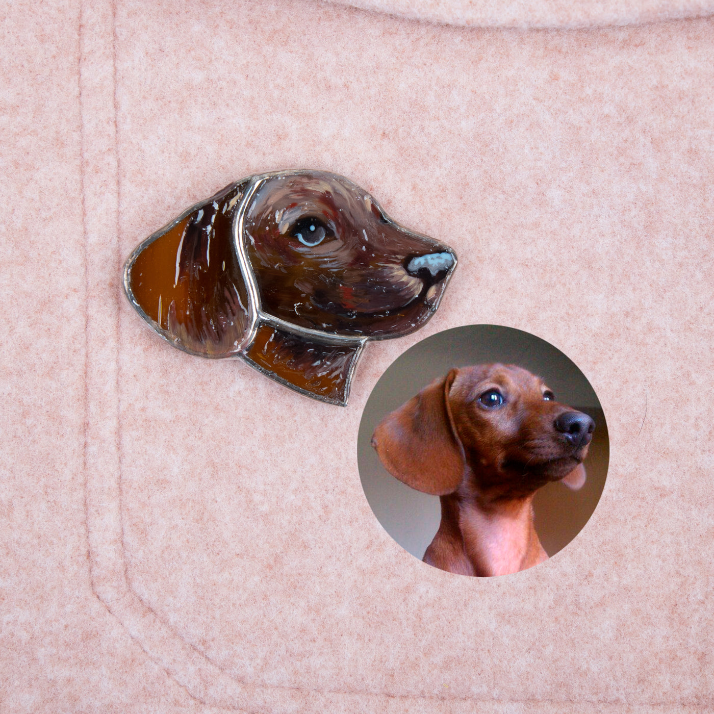 Custom stained glass dog portrait pin