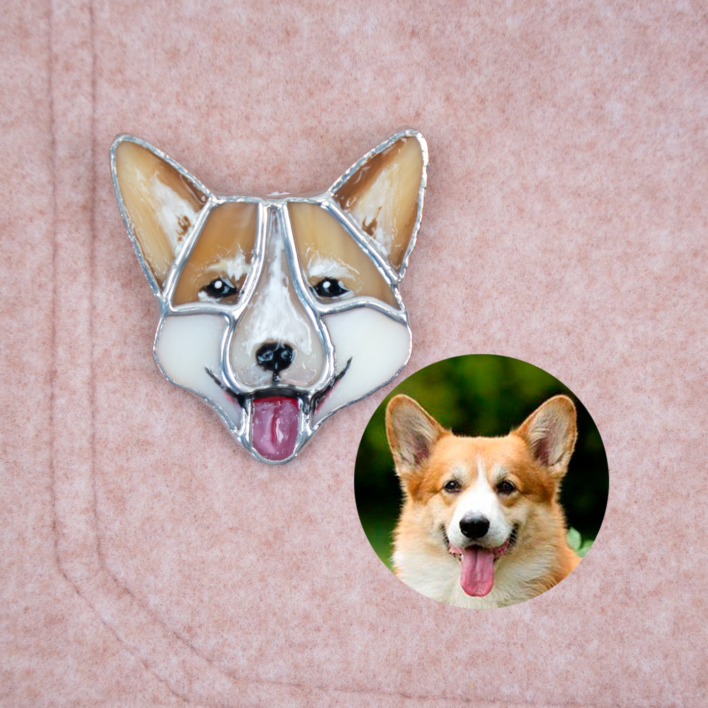 Corgi portrait brooch of stained glass