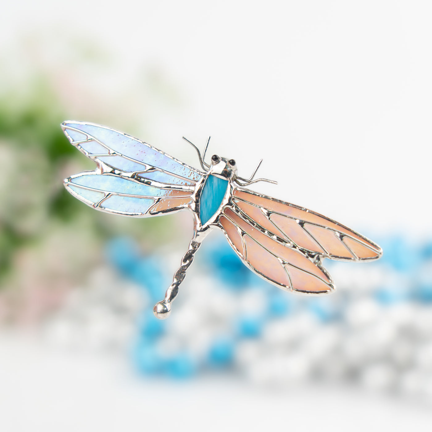 Stained glass blue dragonfly with iridescent wings brooch