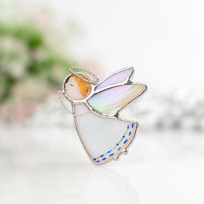 Stained glass flying angel with iridescent wings brooch