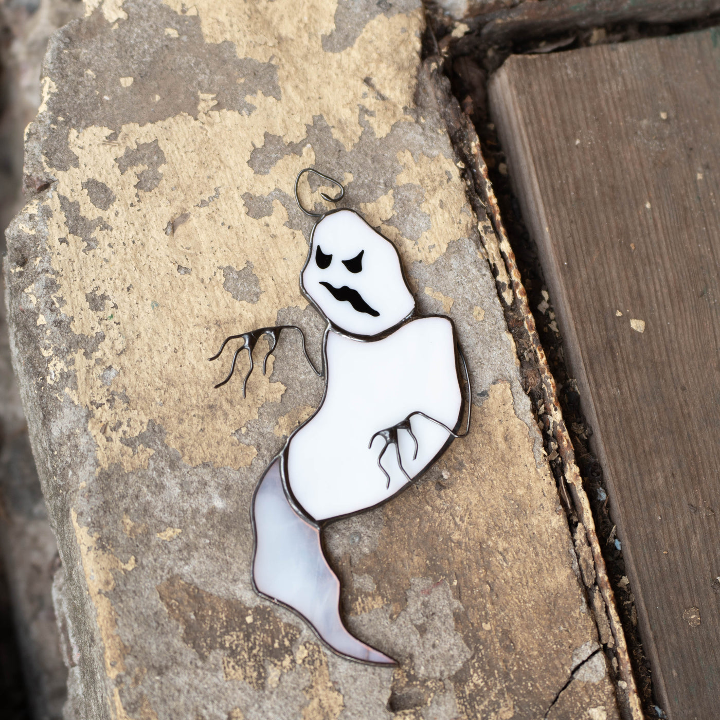 Stained glass crooked ghost suncatcher for Halloween decor