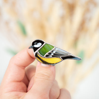 Zoomed stained glass chickadee brooch 