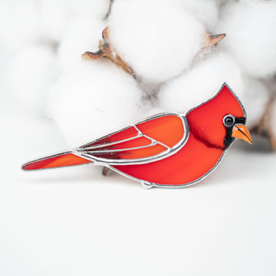 Stained glass red cardinal looking right brooch 