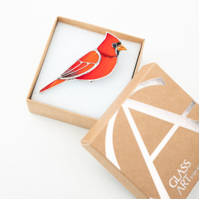 Stained glass red cardinal brooch in a brand box