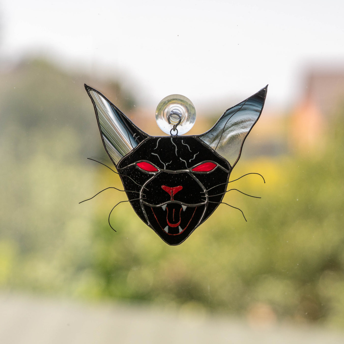 Stained glass vampire cat with red eyes suncatcher for Halloween