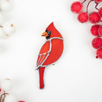 Looking left stained glass cardinal brooch 