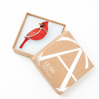 Stained glass cardinal pin in a brand box