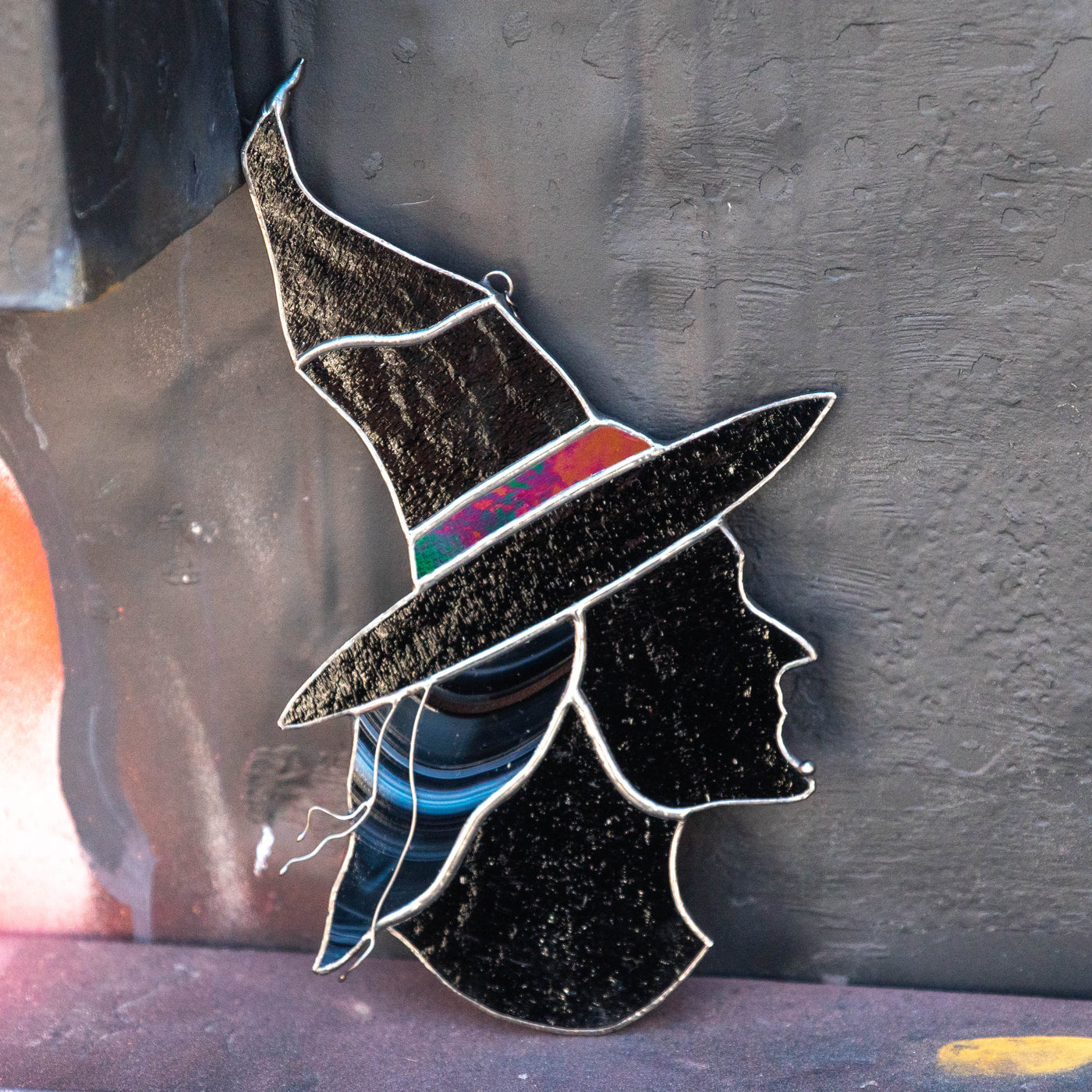 Halloween stained glass witch in hat with iridescent part portrait suncatcher