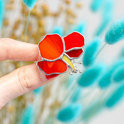 Stained glass red hibiscus flower pin