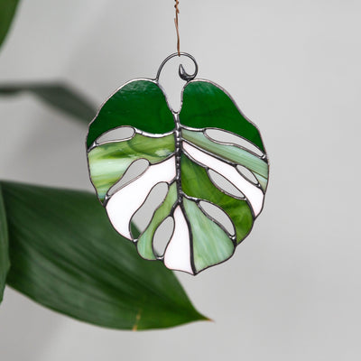 Variegated monstera leaf suncatcher of stained glass