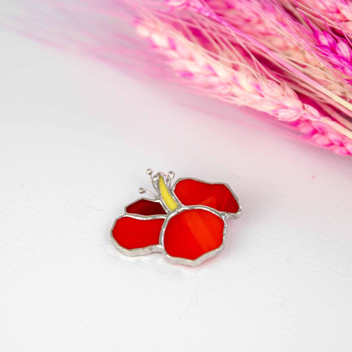 Zoomed stained glass red hibiscus flower pin