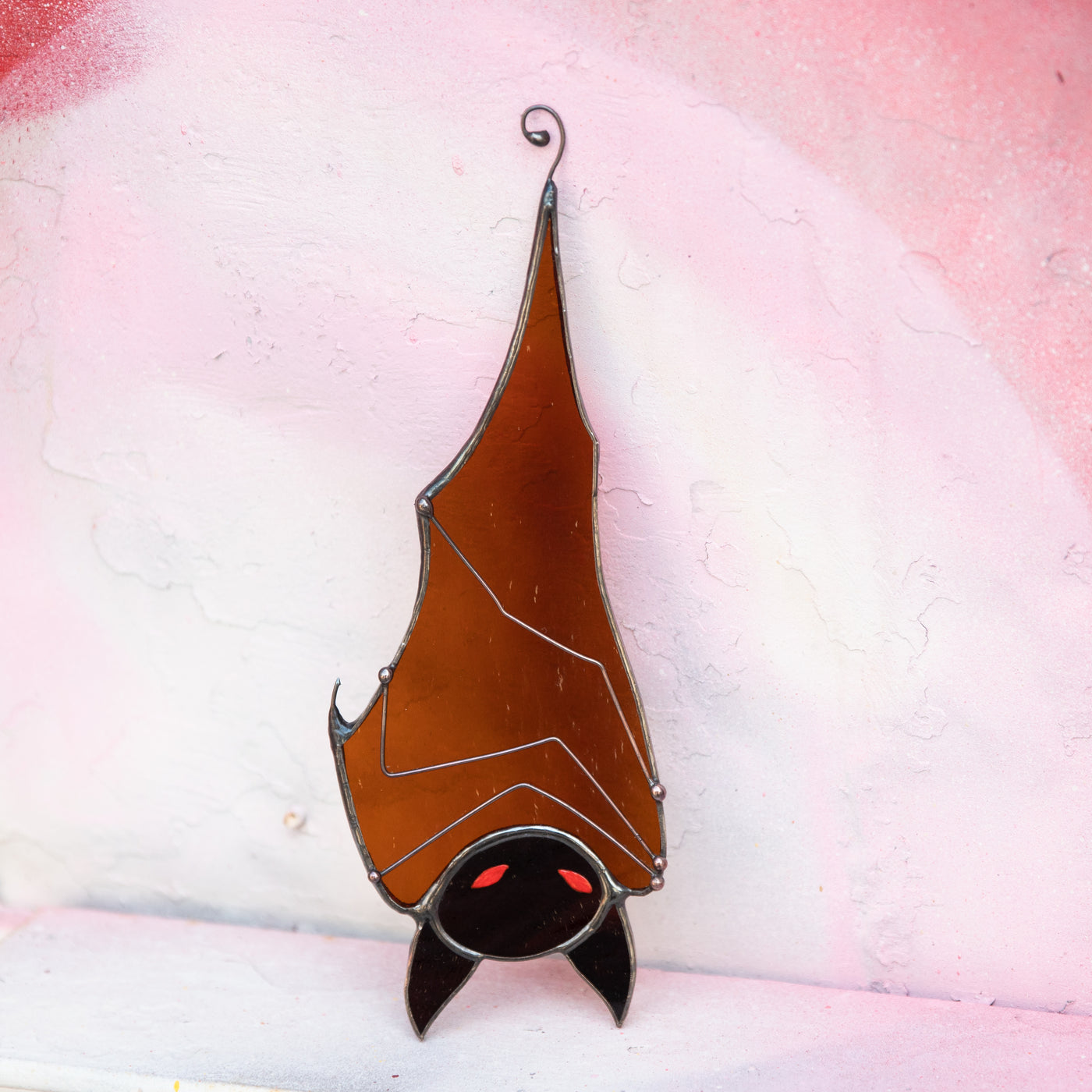 Halloween stained glass brown bat hanging down window hanging