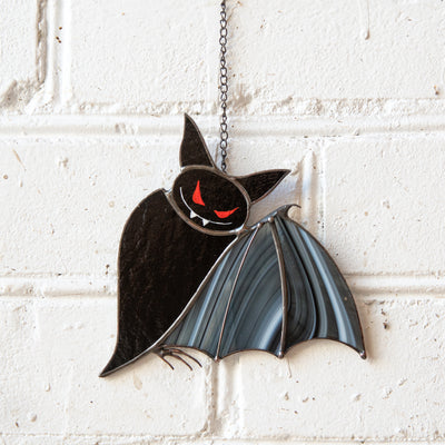 Stained glass black bat with red eyes window hanging 