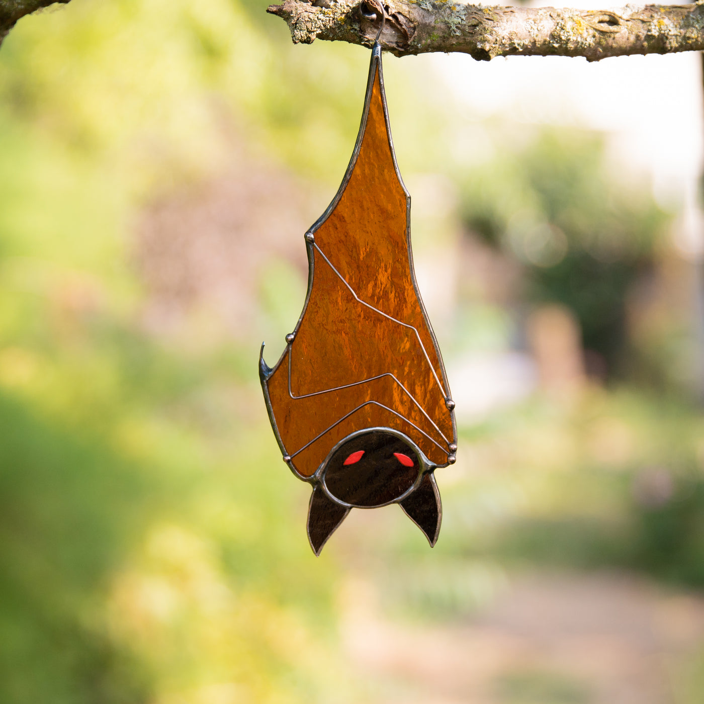 Stained glass brown bat hanging down suncatcher 