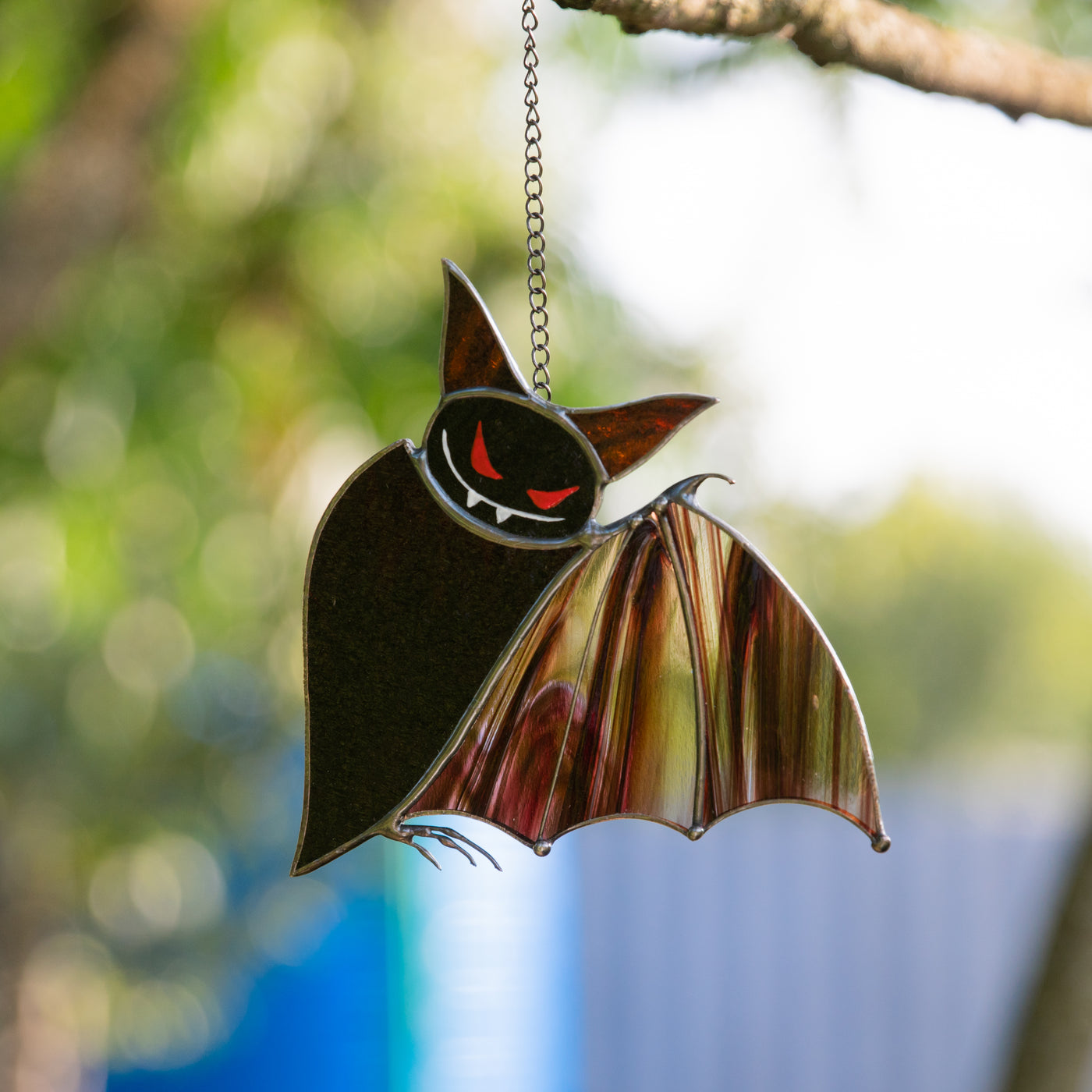 Stained glass brown bat with red eyes window hanging for Halloween