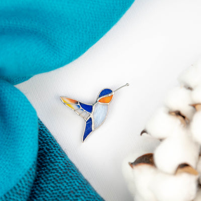 Stained glass blue hummingbird pin