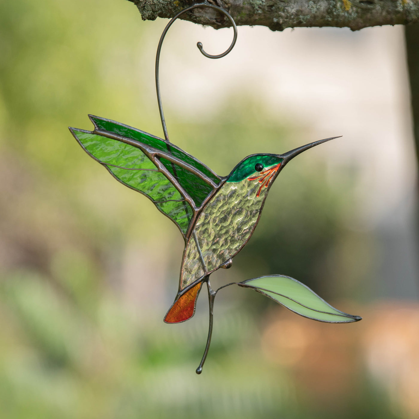 Stained glass flying green hummingbird window hanging 