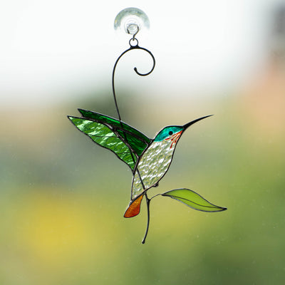 Bright green stained glass hummingbird suncatcher for window