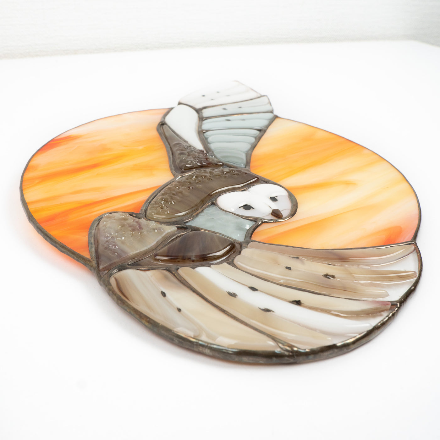 Zoomed stained glass barn owl window panel