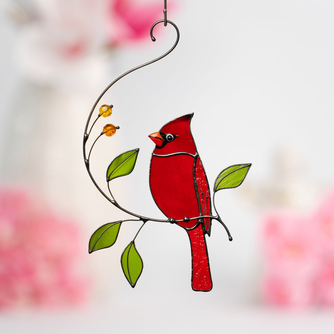 Cardinal on a Branch - Stained Glass top Suncatcher