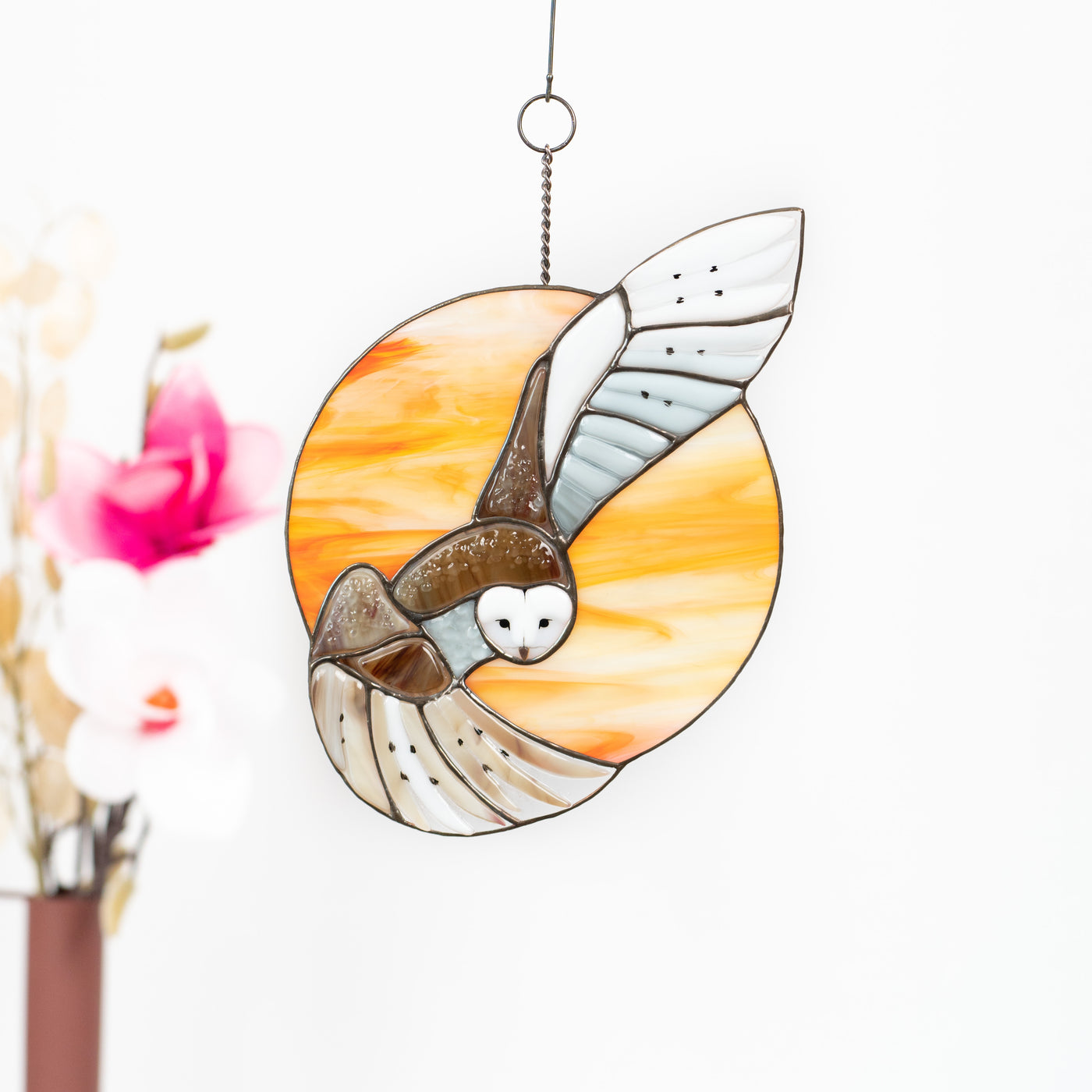 Barn owl window hanging of fused stained glass