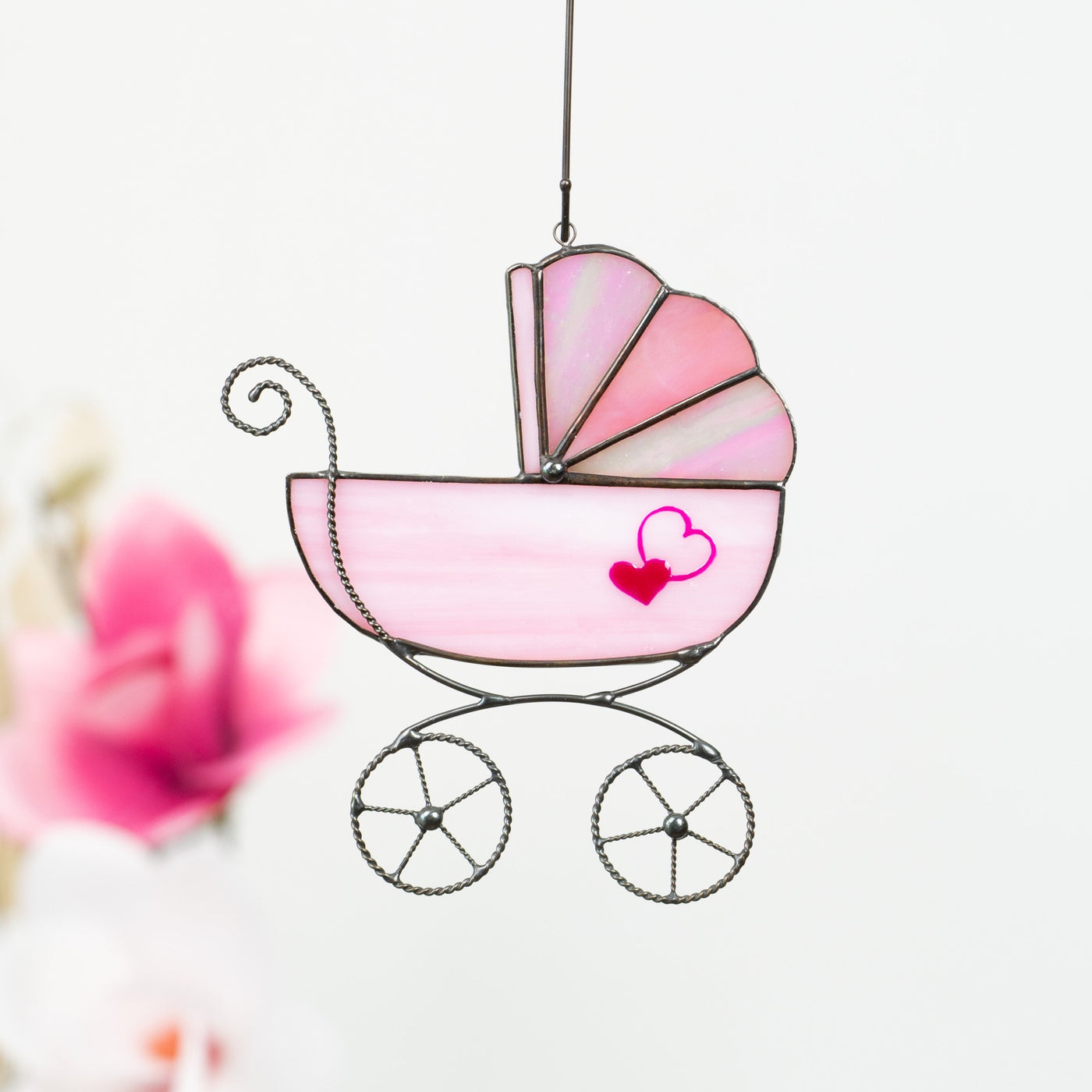 Stained glass pink baby stroller suncatcher with red hearts 