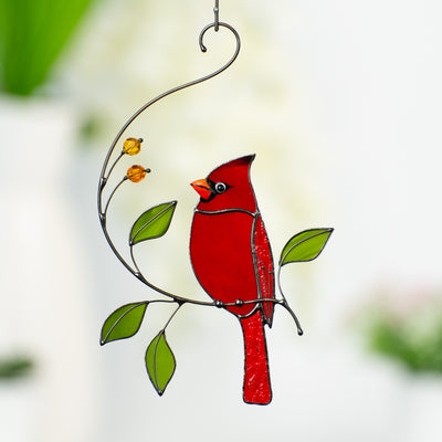 Stained glass red cardinal on the branch looking left suncatcher