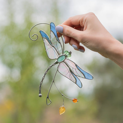 Blue stained glass dragonfly suncatcher