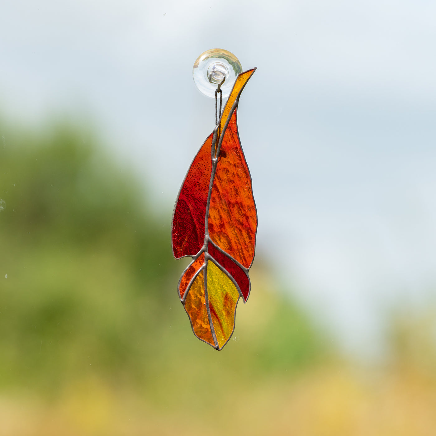 Red feather suncatcher of stained glass